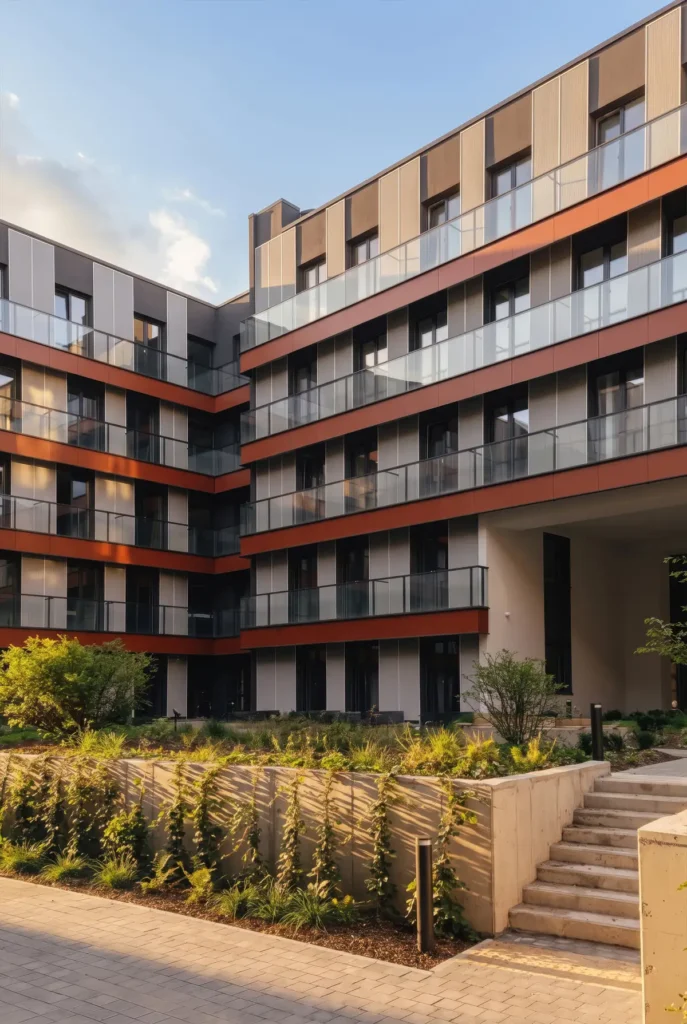 Ozų Ozo apartamentų fasadai, balkonai ir apželdintas vidinis kiemas