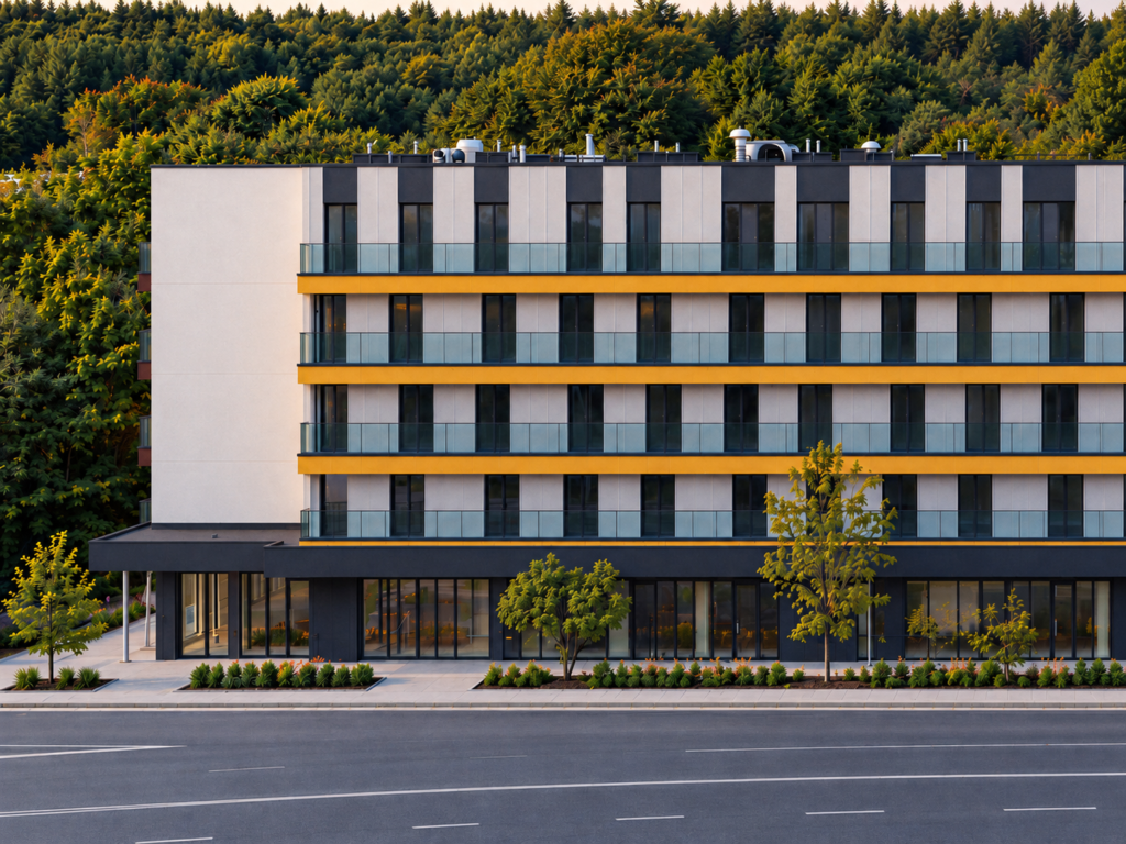 Ozų Ozo pastatas, takelis ir gatvė šalia želdinių